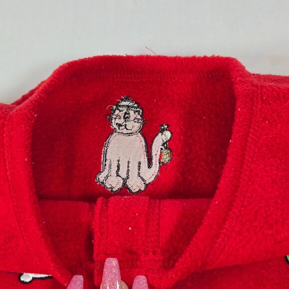 Vintage Red Fleece Cardigan With Embroidered‎ Cat & Yarn Patterns - Picture 9 of 12
